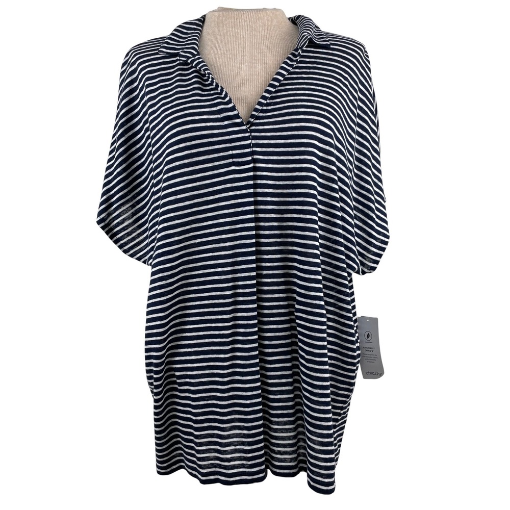 Chicos Naturally Navy White Striped 100% Linen Knit Tunic Top Womens Size 2 L